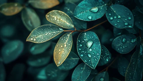 Rain-kissed teal leaves glow softly in lush evening light.