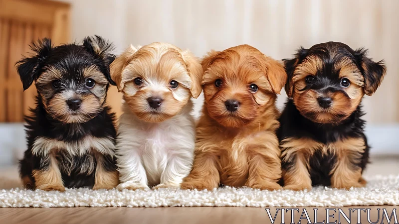 Four small fluffy puppies sitting indoors on soft carpet.