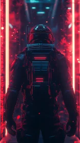Lone space explorer steps into a glowing red corridor
