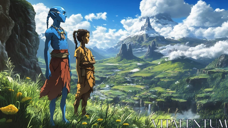 Two young explorers share a quiet moment above a vast valley