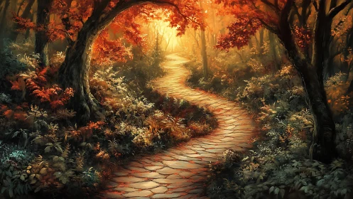 Illuminated forest pathway with autumn foliage rendered in digital medium.
