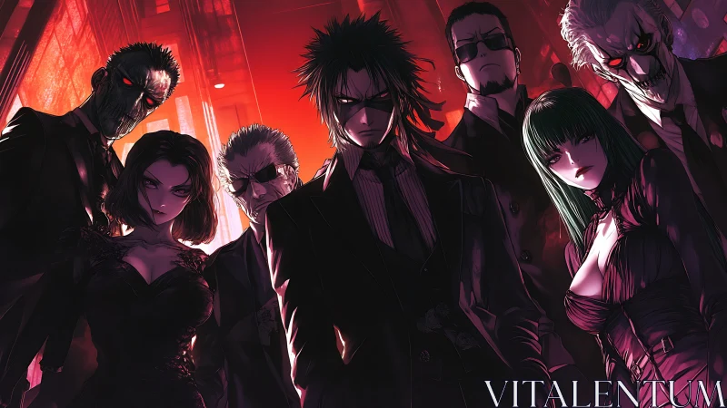 Group of stylized anime characters in dark suits confront viewer