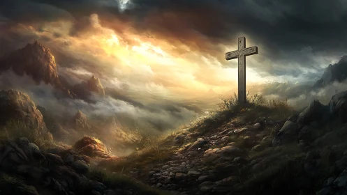 Stone cross on rocky hill under dramatic clouded sky.