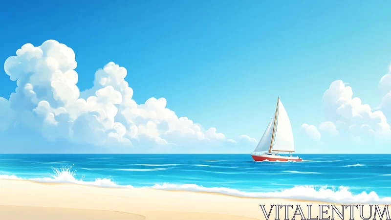 Bright sailboat glides along a calm turquoise summer shoreline