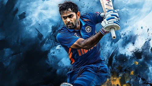 Cricketer drives the ball in dynamic blue abstract splash.