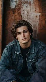 Brooding denim rebel framed by weathered rusted metal wall.