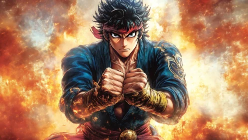 Martial artist charges forward through erupting fiery energy