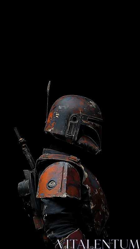 Weathered space warrior standing strong in the shadows.