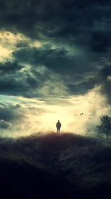 Solitary walker meeting sunrise beneath restless clouds.