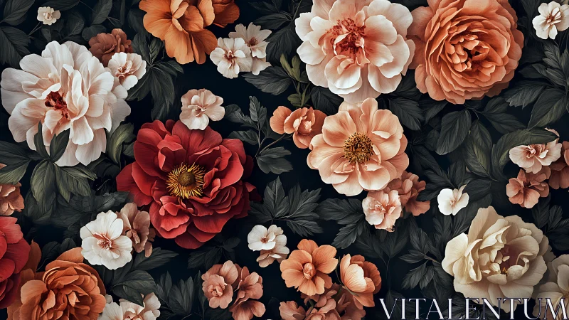 Layered Florals Against Dark: Peony, Dahlia, Rose Composition