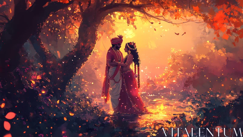Couple in Traditional Dress Under Autumn Tree at Golden Dusk