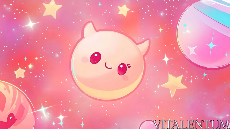 Kawaii pastel space creature amid stars and luminous planets
