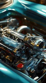 Chromed turbo engine within teal classic car bay closeup.