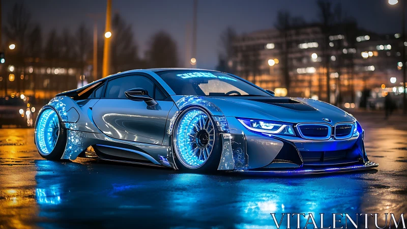 Futuristic BMW sports car glows on a neon‑lit city street