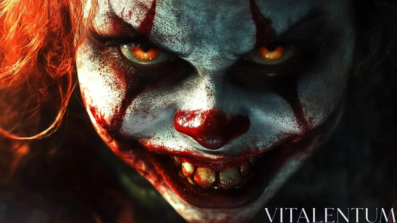 Grinning nightmare clown leans from the shadows and burns close