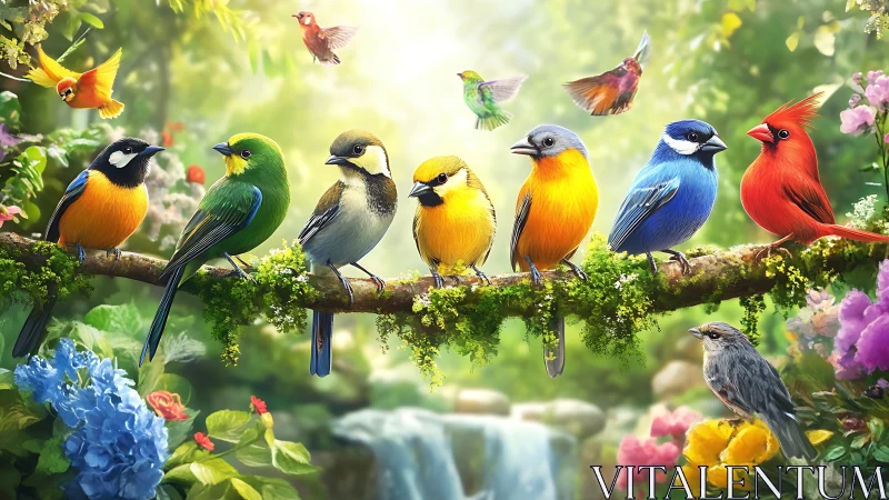 Colorful songbirds on a blossoming branch in vibrant digital art.