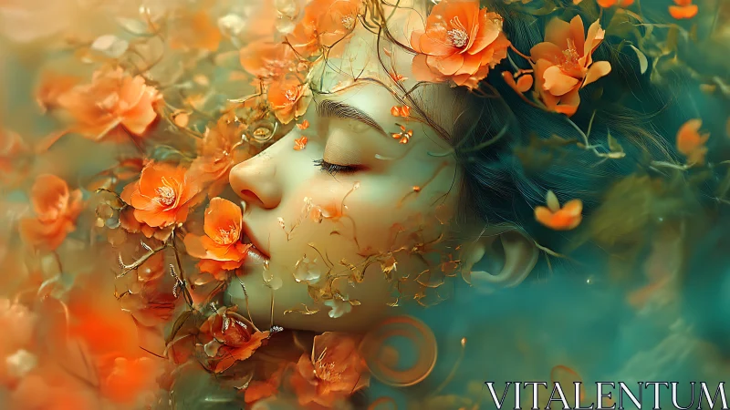 Dreaming woman immersed in glowing orange floral fantasy.