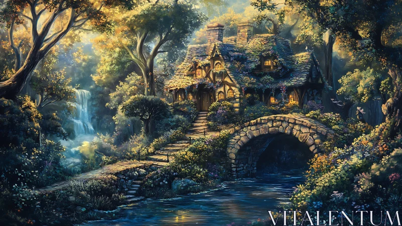 Stone bridge cottage in dense forest with waterfall view.