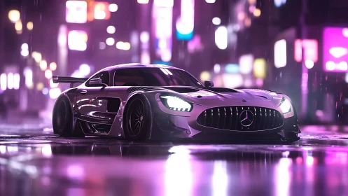 Sleek night-drive supercar glowing in neon city rain.