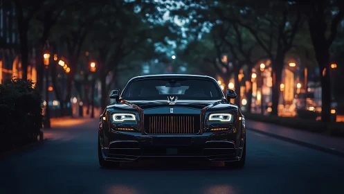 Photorealistic luxury sedan front view in twilight streetscape.