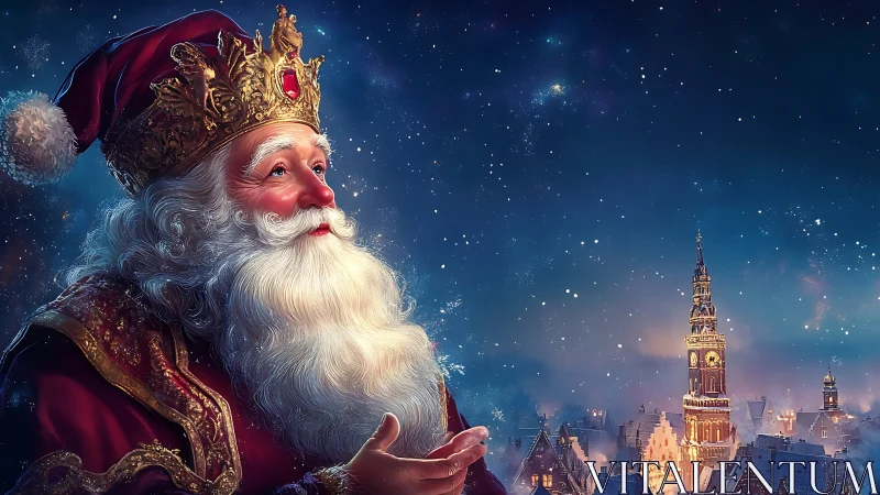 Regal bearded figure in red above illuminated winter town.