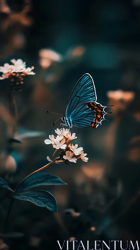 Blue butterfly on white wildflower in soft forest light.