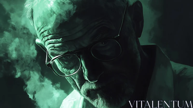 Older man in glasses emerges from dark green smoke
