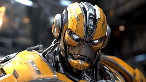 Yellow combat android portrait with illuminated cybernetic armor.