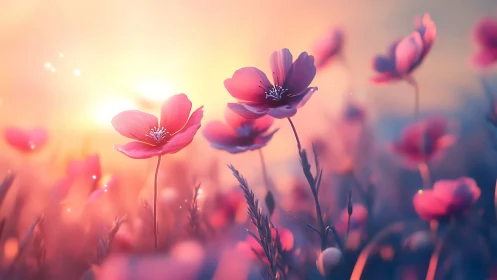 Luminous Cosmos Flowers Bloom in Golden Twilight Haze