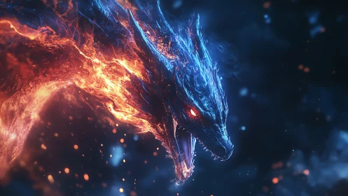 Blazing elemental dragon roars through swirling cosmic fire
