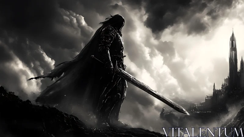 Armored warrior stands on cliff facing distant gothic city