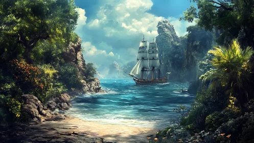Sailing Ship Anchored in Tropical Paradise Cove