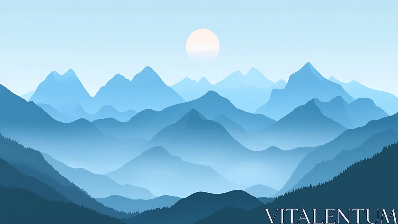 Layered blue mountains under soft sunrise atmospheric haze.