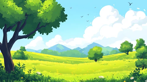 Sunlit meadow drifts beneath cloudcast mountainscape daydream.