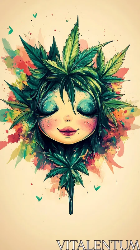 Whimsical leaf-crowned girl portrait with vibrant splatter background