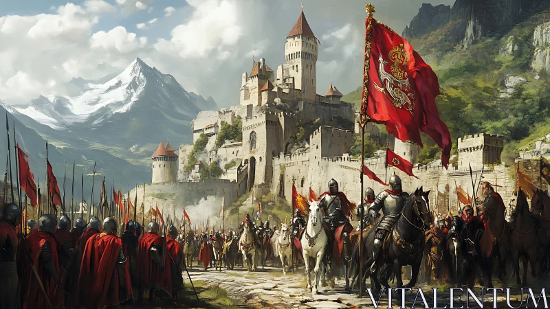 Crimson banners rise before a mountain-forged citadel of steel.