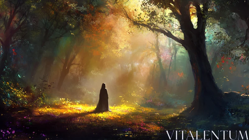 Wanderer in a sunlit forest of quiet magic and wonder.