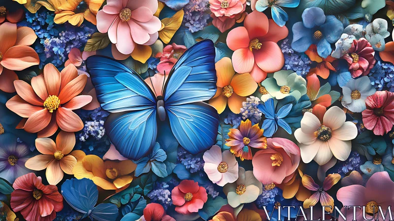 Blue butterfly centered among multicolored floral collage.