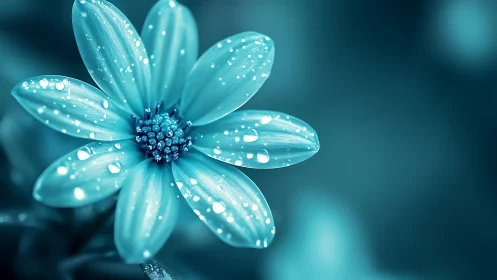 Cyan Daisy with Hydrophobic Petals and Dew Droplet Macro