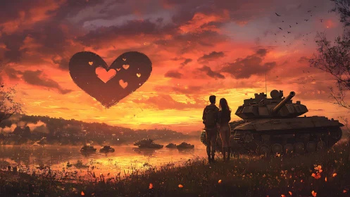 Military scene rendered with sunset atmosphere and heart silhouette
