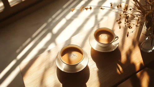 Photorealistic morning coffee still life with warm sidelighting.