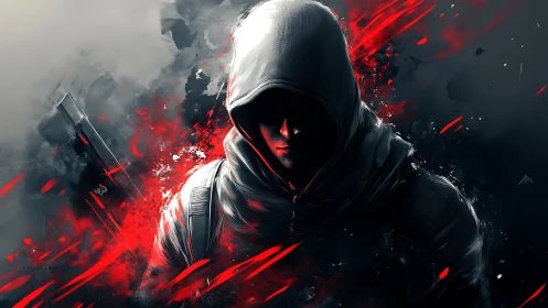 Hooded figure in dark city with red energy streaks.