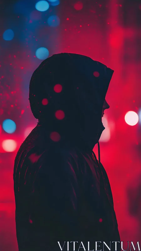 Hooded silhouette under neon city lights at night.