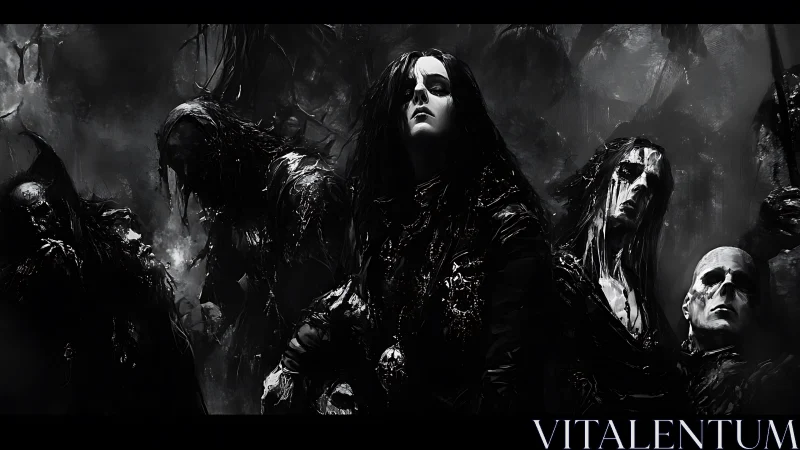 Haunting dark ensemble standing proud in stormy shadows.