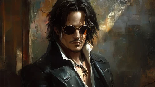 Brooding sunglasses rebel in painterly leather portrait.