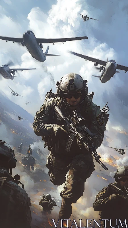 Tactical airborne assault squad under low-flying transport aircraft.