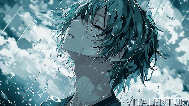 Melancholic teal haired youth in stylized cinematic rain.