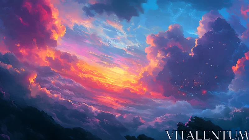 Radiant storm clouds frame a luminous fantasy sunset sky.