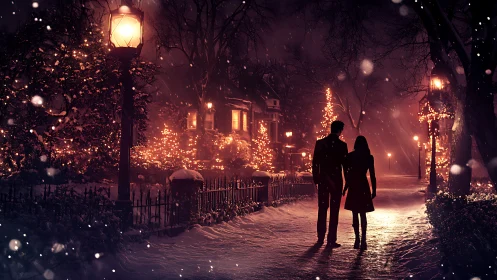 Romantic couple walking on snowy, lamplit winter street at night