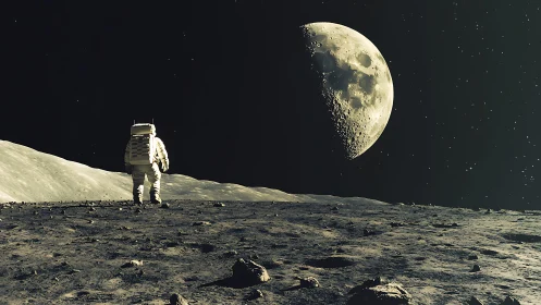 Solitude in lunar dust beneath a half-lit watching Earthmoon.